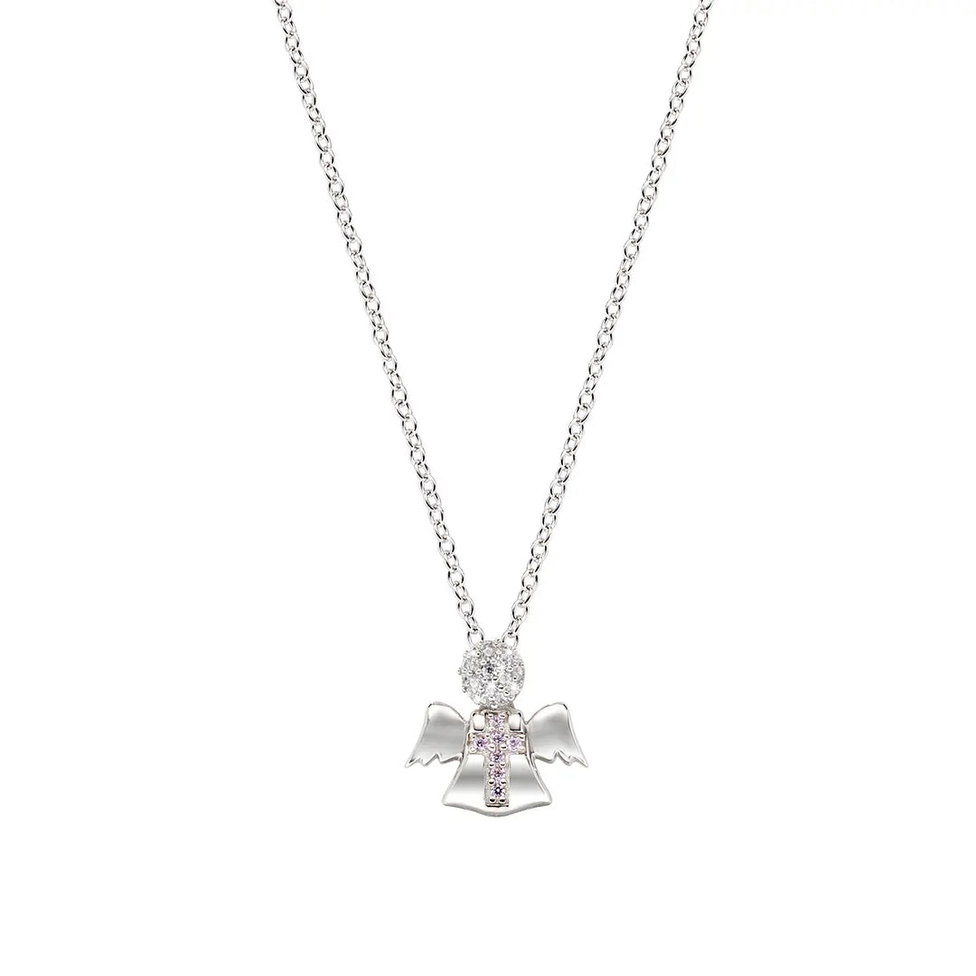 Collana Angioletto e Croce Zirconi Bianchi e Rosa