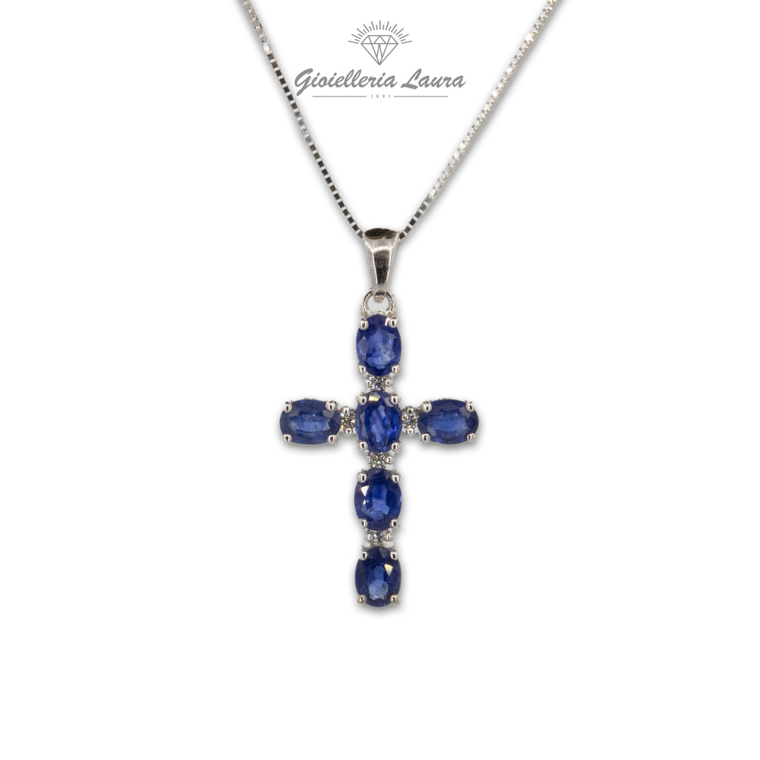 Collana Croce con Zaffiri e Diamanti