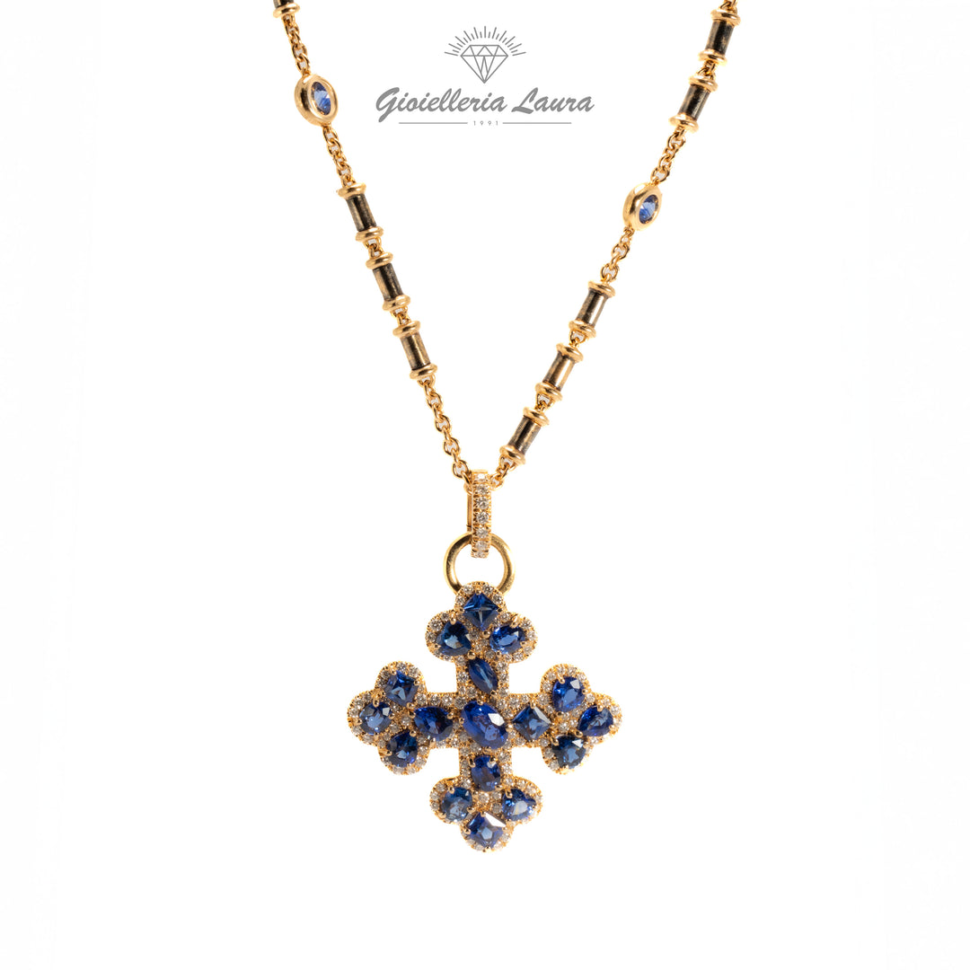 Collana Croce con Zaffiri e Diamanti Crivelli