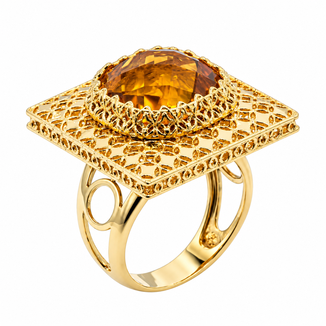 Anello Traforato In Oro Giallo e Quarzo Citrino