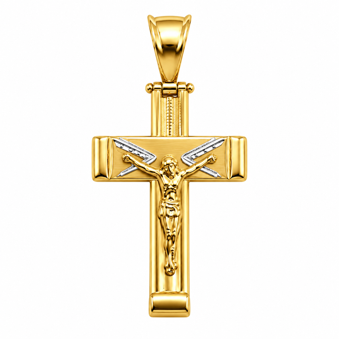 Ciondolo Croce in Oro Giallo e con dettagli in Oro Bianco 18 kt