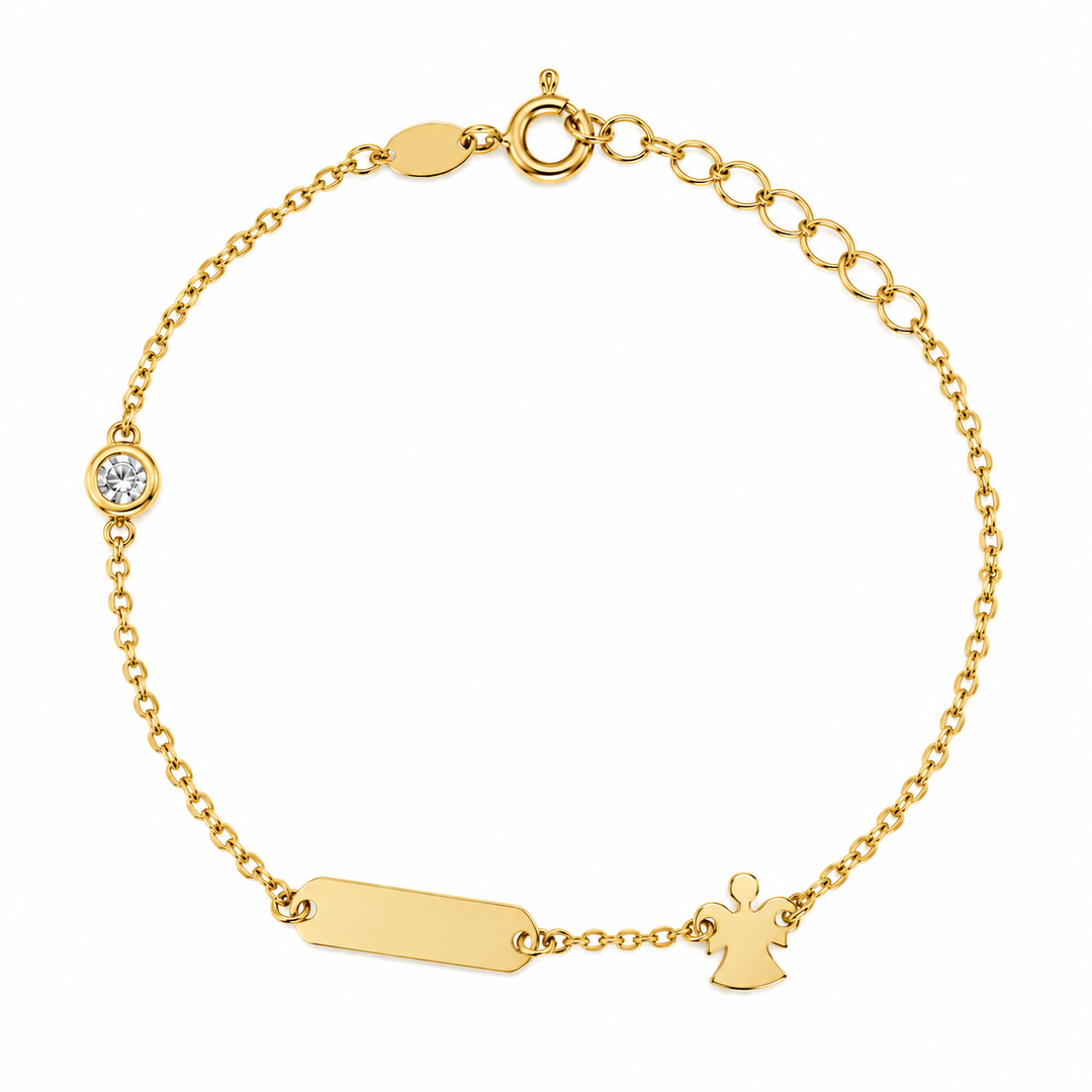 Bracciale Bimbo/a con Targhetta, Angioletto e Diamantino in Oro Giallo 18 kt