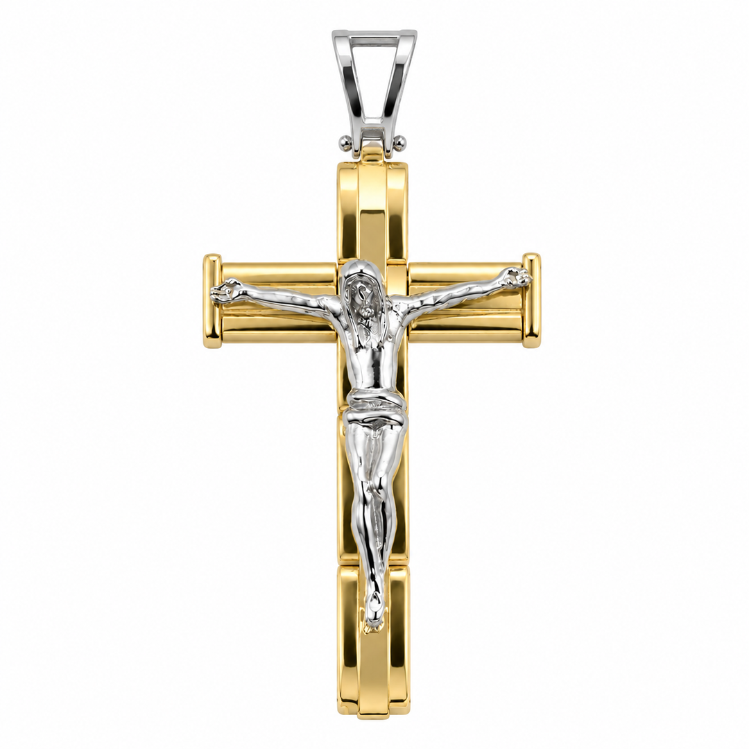 Ciondolo Croce in Oro Giallo con Dettagli in Oro Bianco 18kt