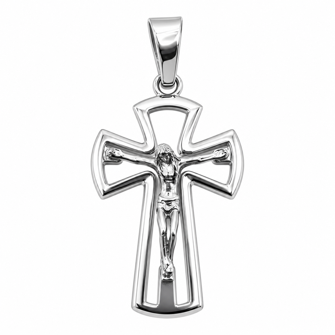 Ciondolo Croce con Cristo Tridimensionale in Oro Bianco 18kt