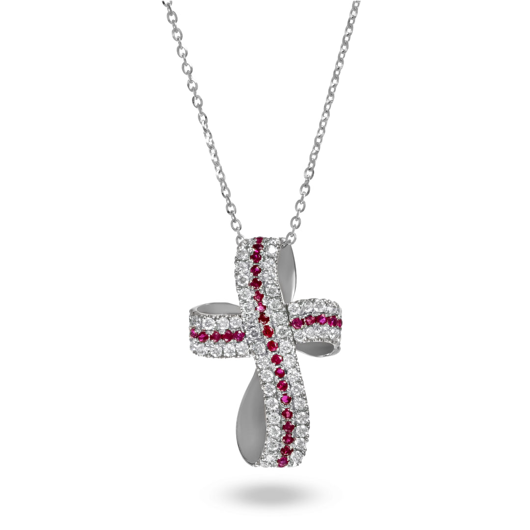 Collana con Croce in Oro Bianco,Diamanti e Rubini