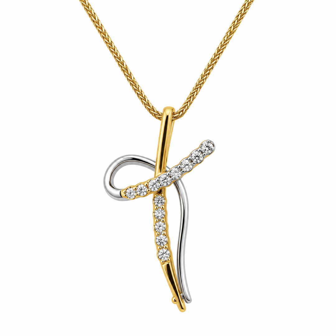 Collana con Croce Stilizzata e Zirconi In Oro Giallo e Bianco 18kt