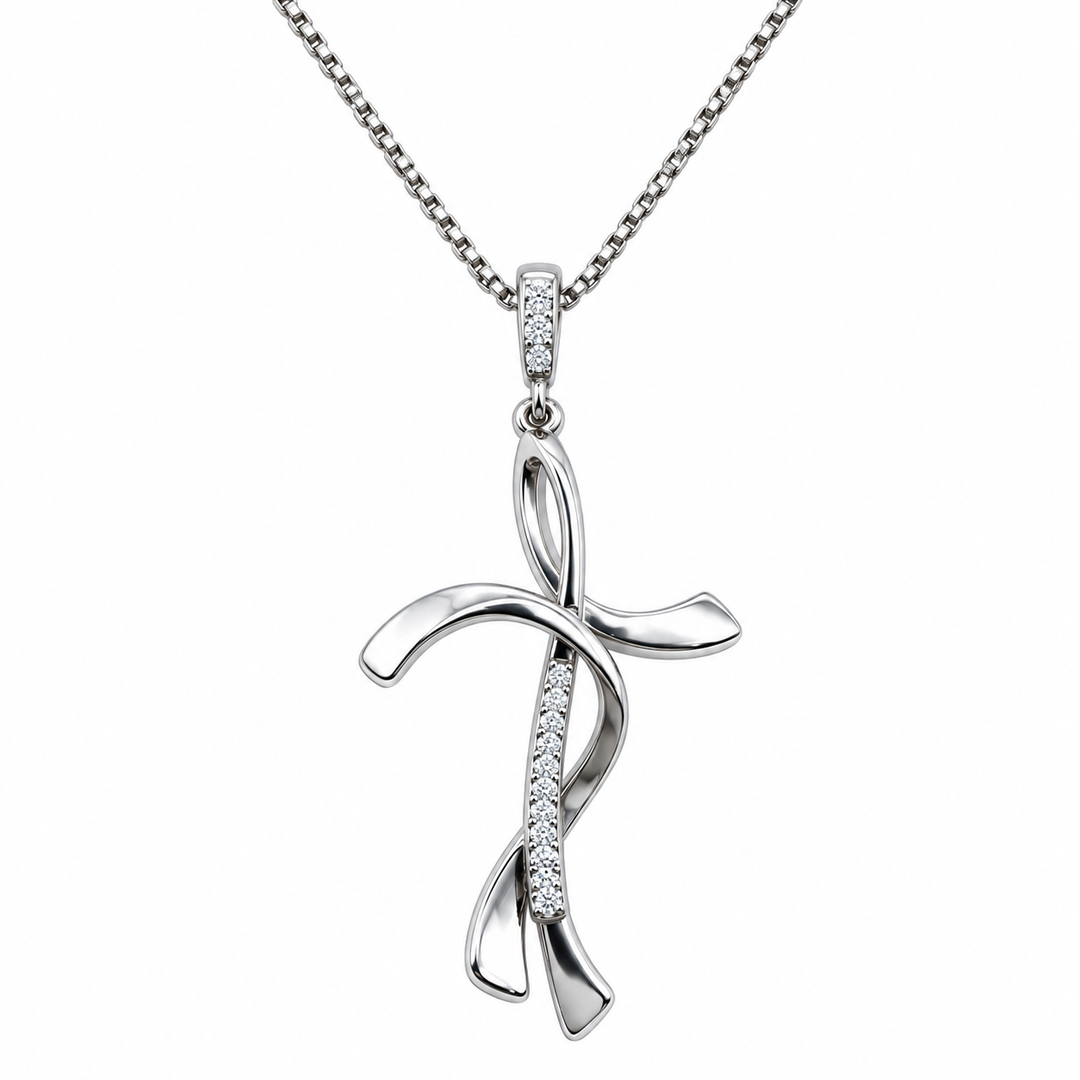 Collana con Croce Stilizzata e Zirconi in Oro Bianco 18kt