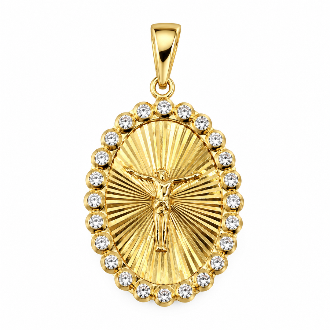 Ciondolo Medaglia con Contorno di Zirconi in Oro Giallo 18kt