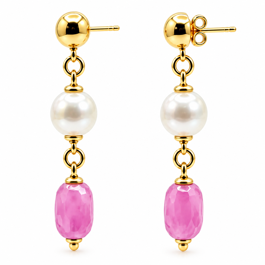Orecchini Pendenti con perla Bianca e Pietra Rosa Sovrani